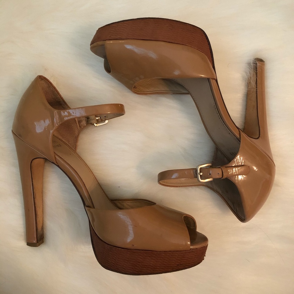 Saks Fifth Avenue nude leather heels (peep-toe)
